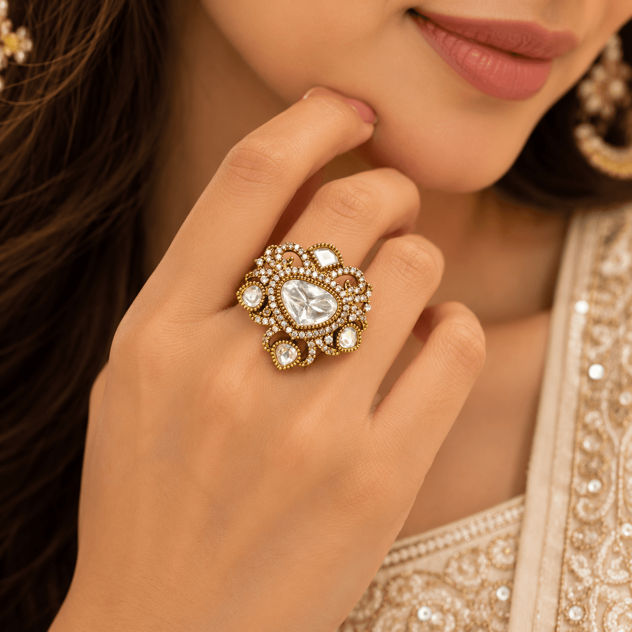 Mehandi Polish Antique Kundan & AD Statement Ring — view 2