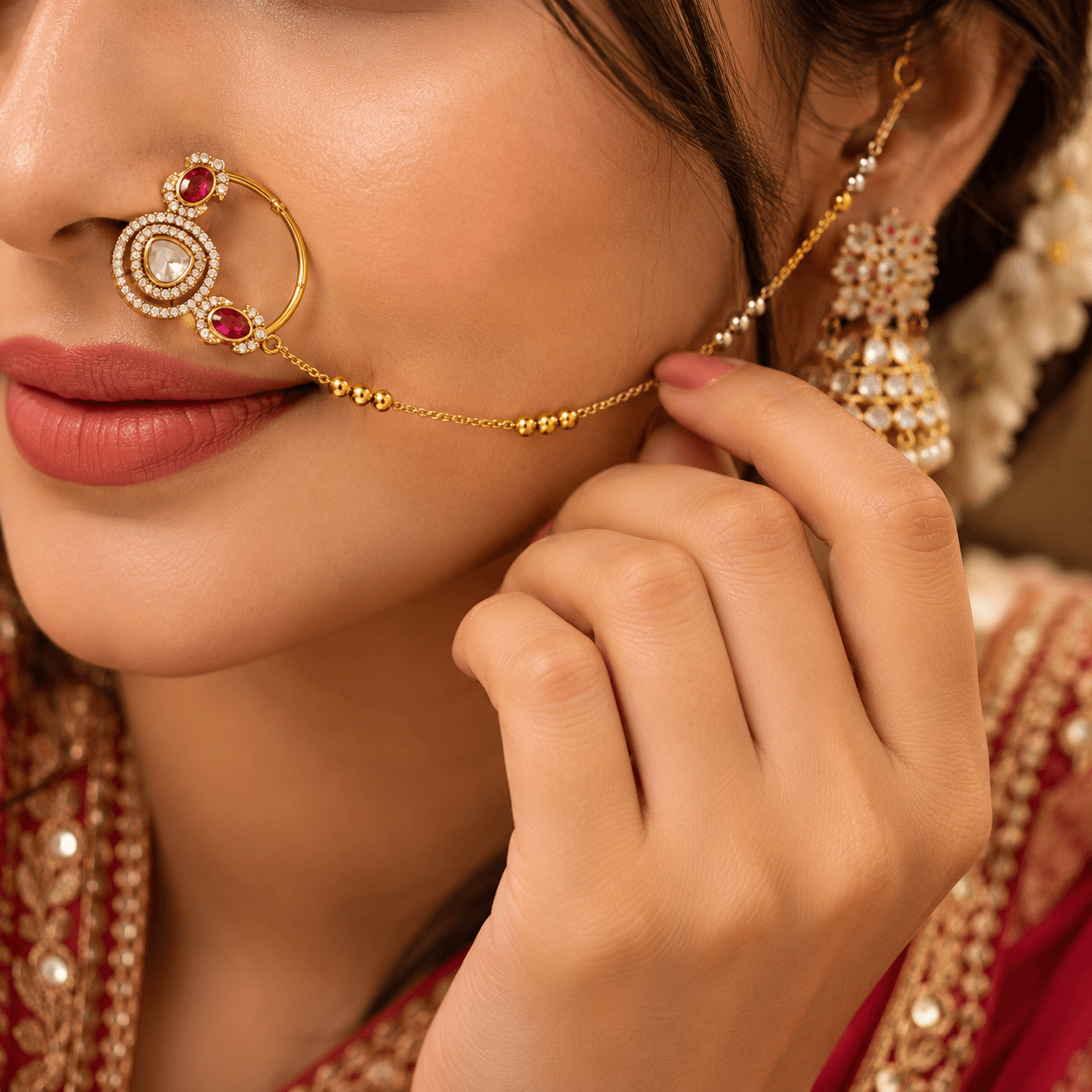 Antique Mehendi Polish Kundan Nath with Chain — alternate angle