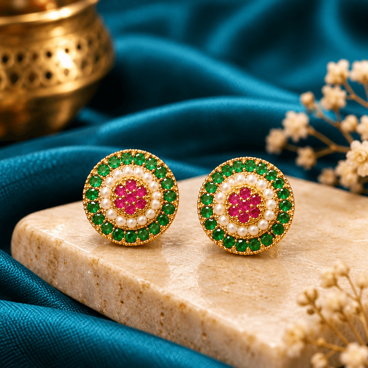 Green Pink Multicolor AD Pendant & Butti Set — view 3