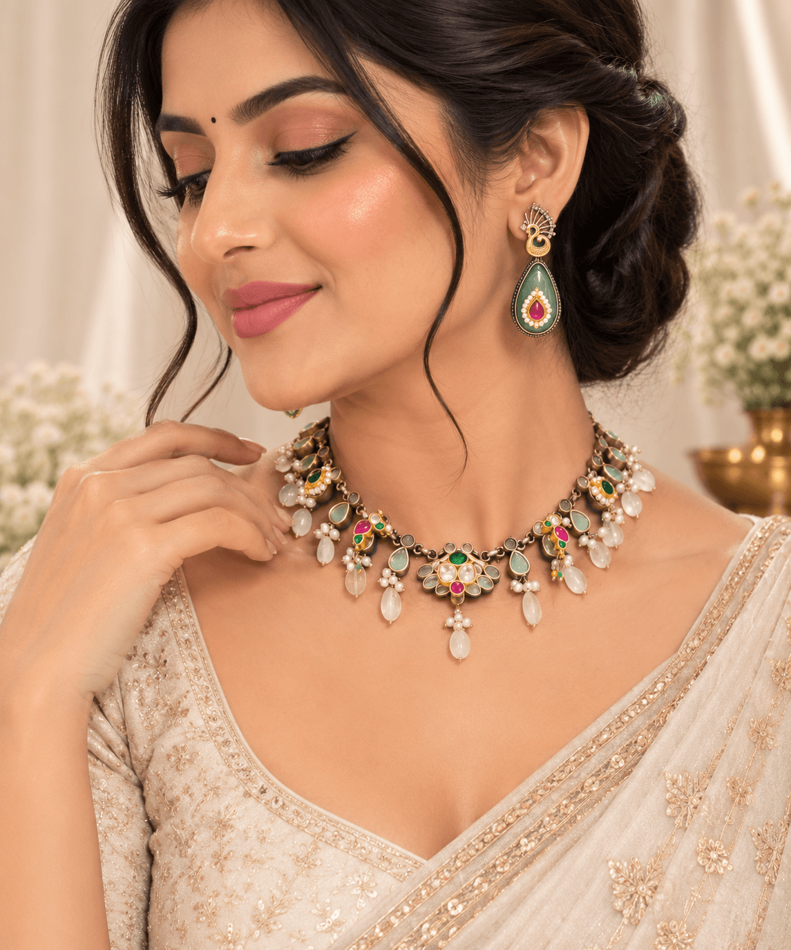 Original Jaipuri 2-Tone Fusion Pure Oxidised Necklace Set – Kundan Multicolor