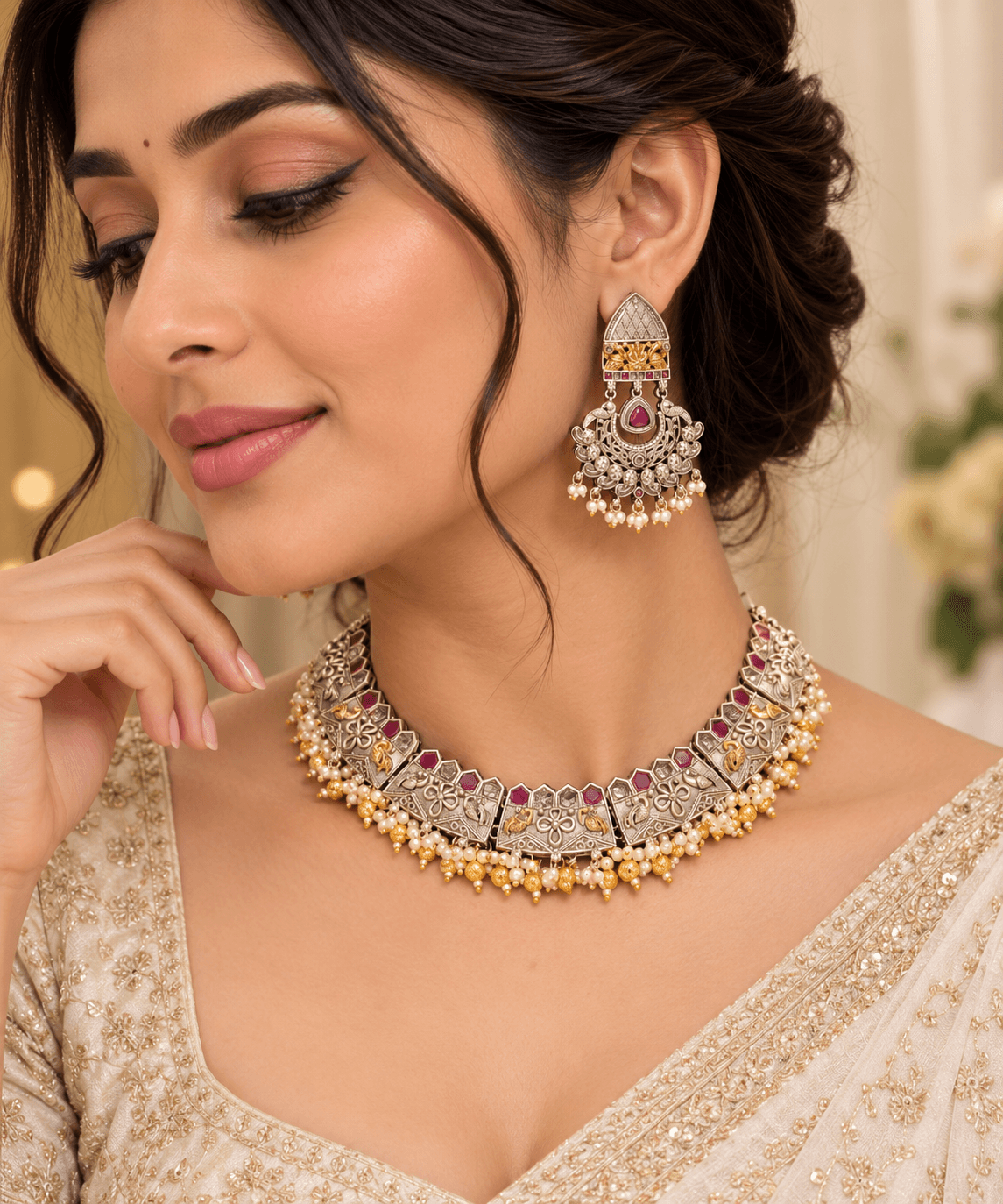 Original Jaipuri 2-Tone Oxidised Necklace Set – Ruby & Clear White