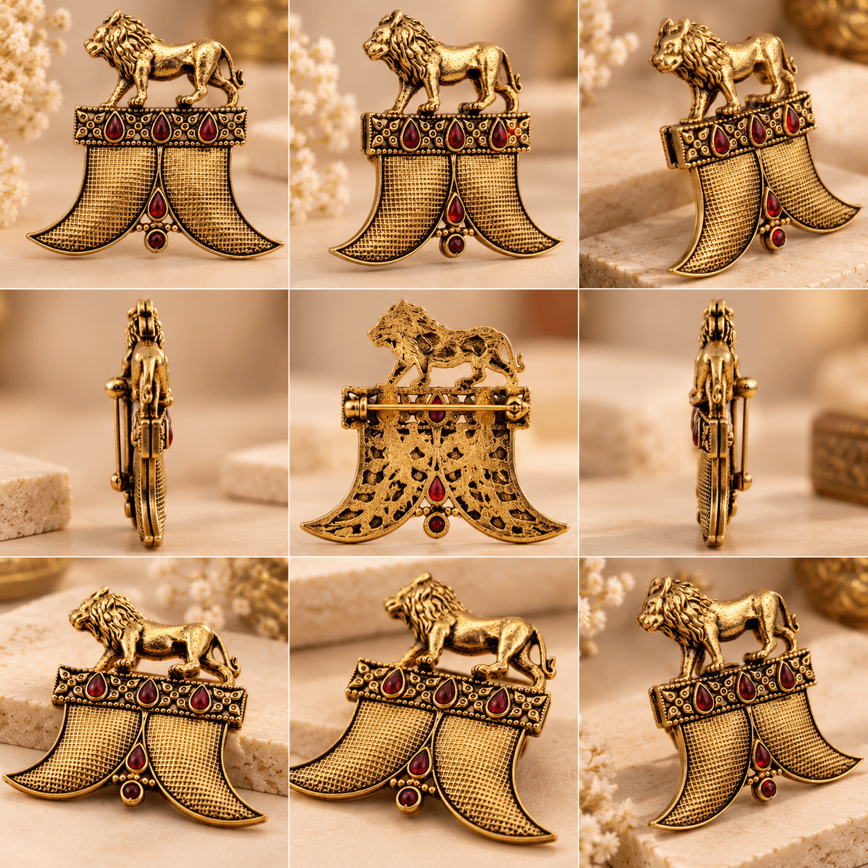 Lion Warrior Crest Antique Gold Brooch — view 3