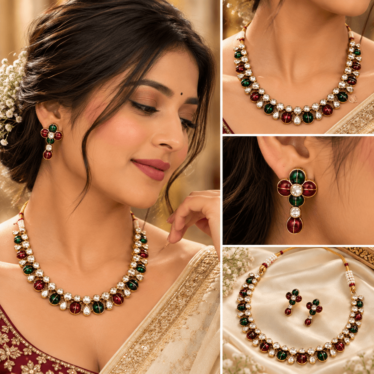 Mehendi Polish Red Green Meenakari Kundan Necklace Set — alternate angle