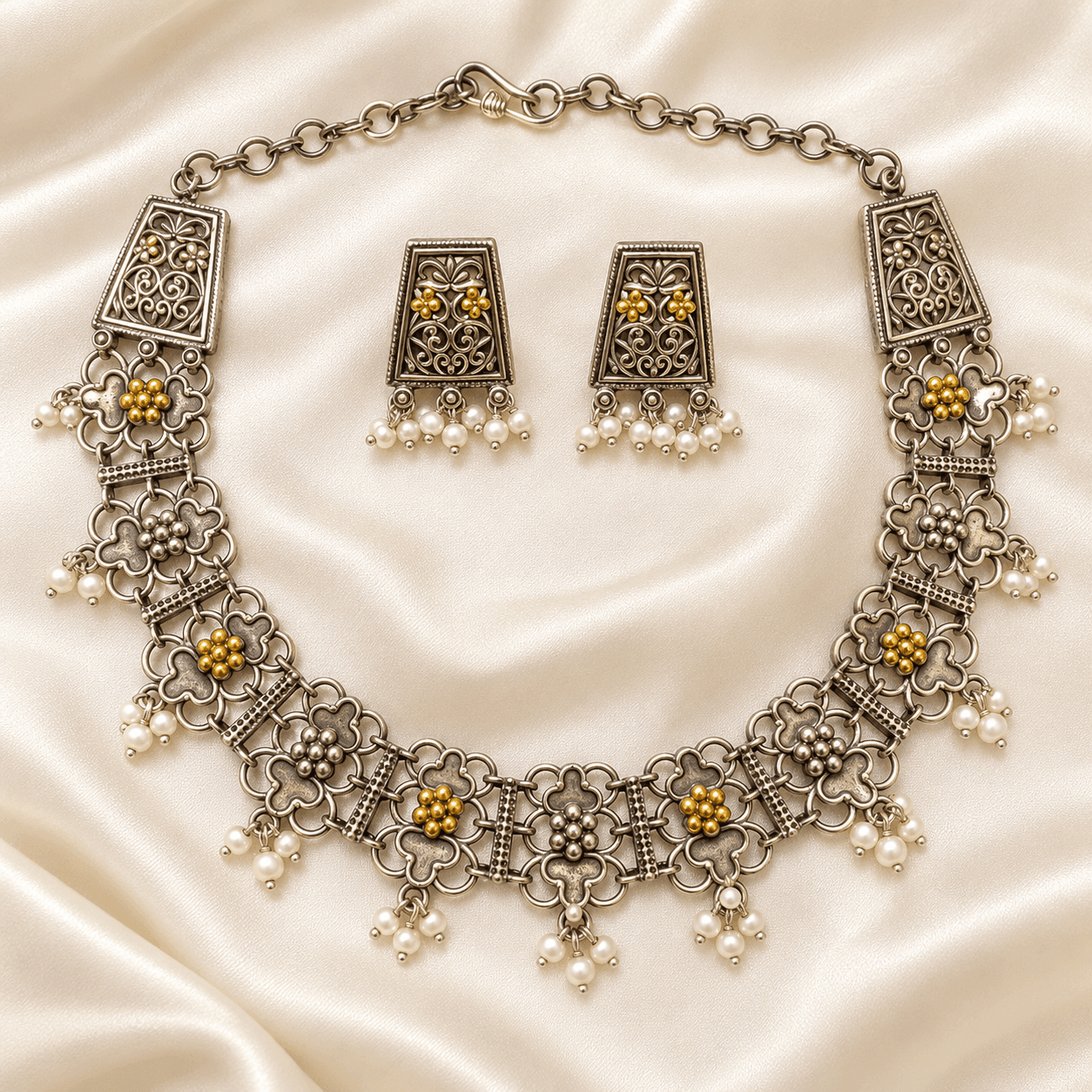 Jaipuri Dual-Tone Floral Filigree German Silver Necklace Set — view 1