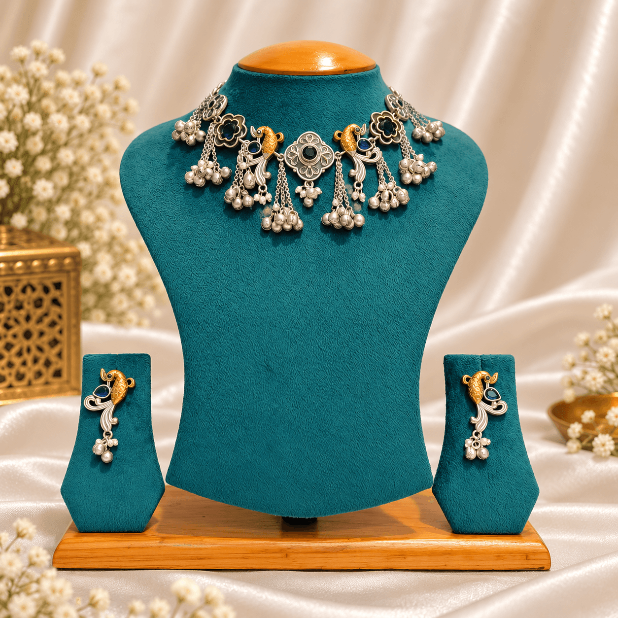 Original Jaipuri 2-Tone Oxidised Necklace Set – Dark Blue Stone — alternate angle