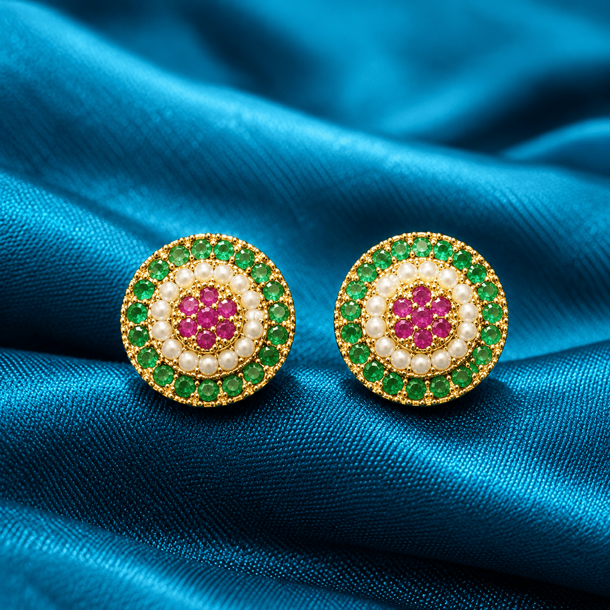 Green Pink Multicolor AD Pendant & Butti Set — view 1