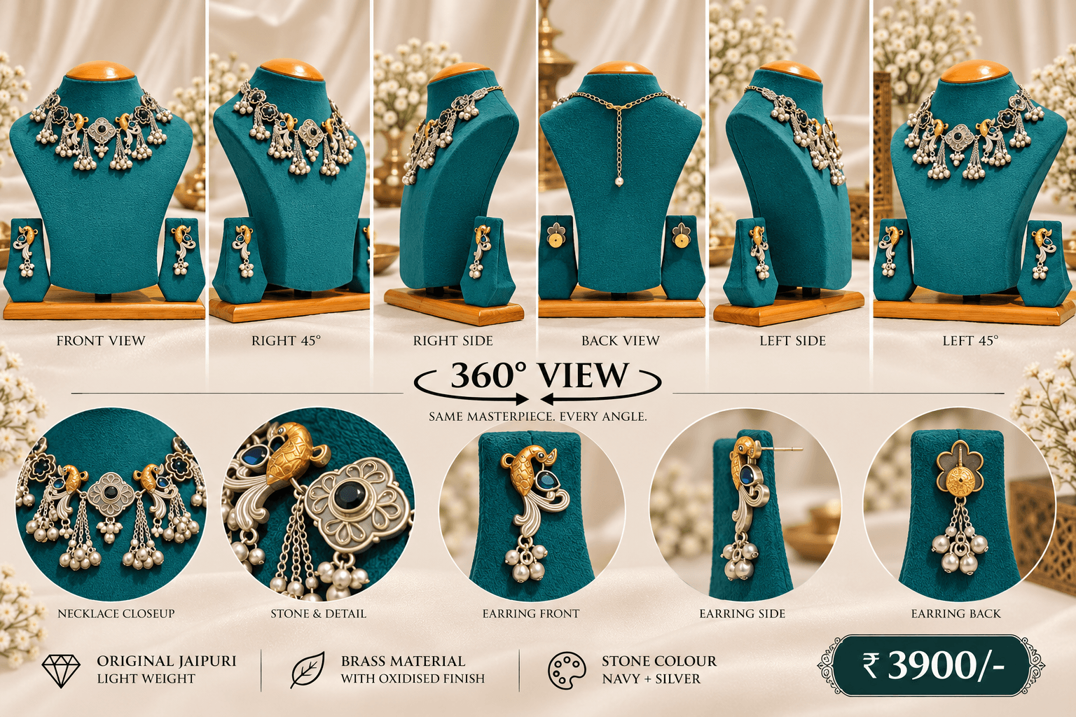 Original Jaipuri 2-Tone Oxidised Necklace Set – Dark Blue Stone — view 3