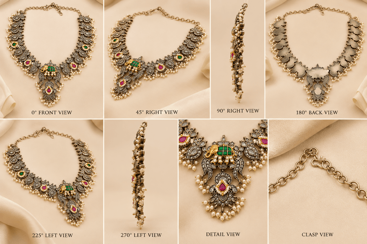 Jaipuri Oxidised German Silver Elephant Kundan Necklace Set — view 3