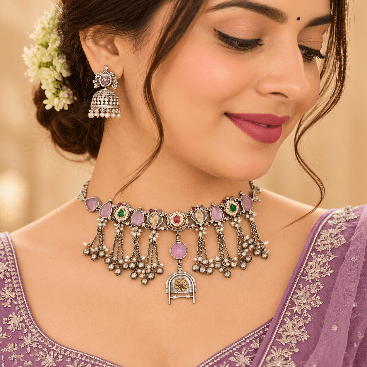 German Silver Baby Pink & Ruby-Green Choker Necklace Set — view 2