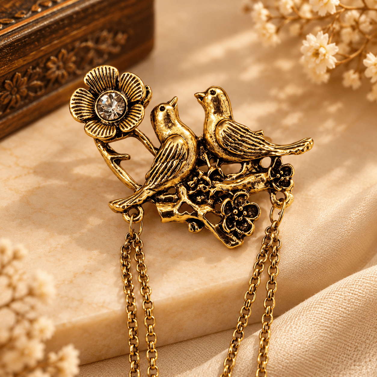Antique Gold Love Birds Hanging Chain Brooch — view 2