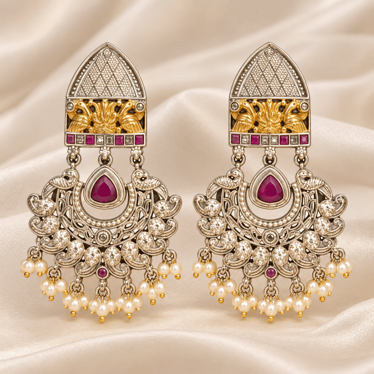 Original Jaipuri 2-Tone Oxidised Necklace Set – Ruby & Clear White — view 3