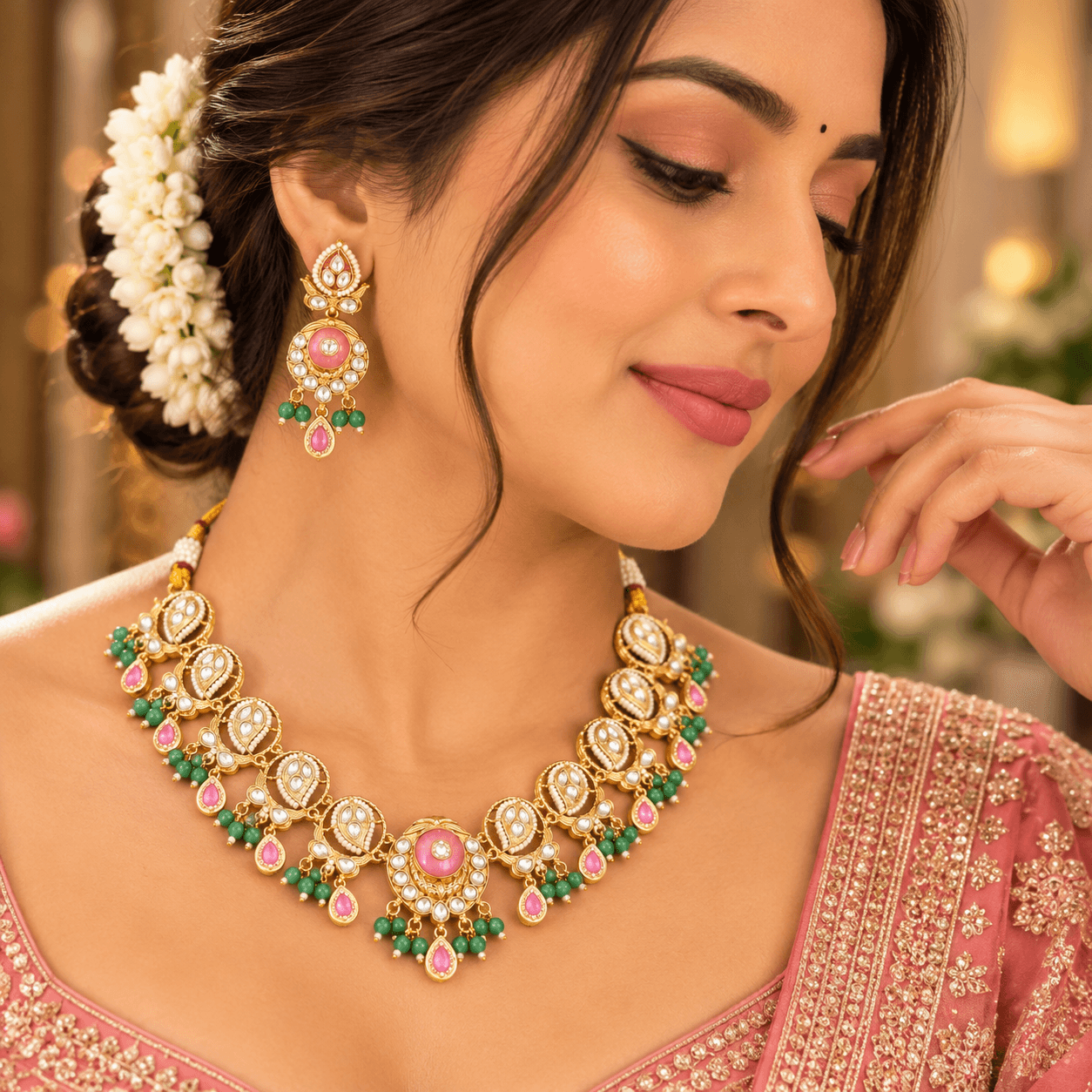 Antique Kundan Baby Pink & Mint Green Necklace Set — view 2