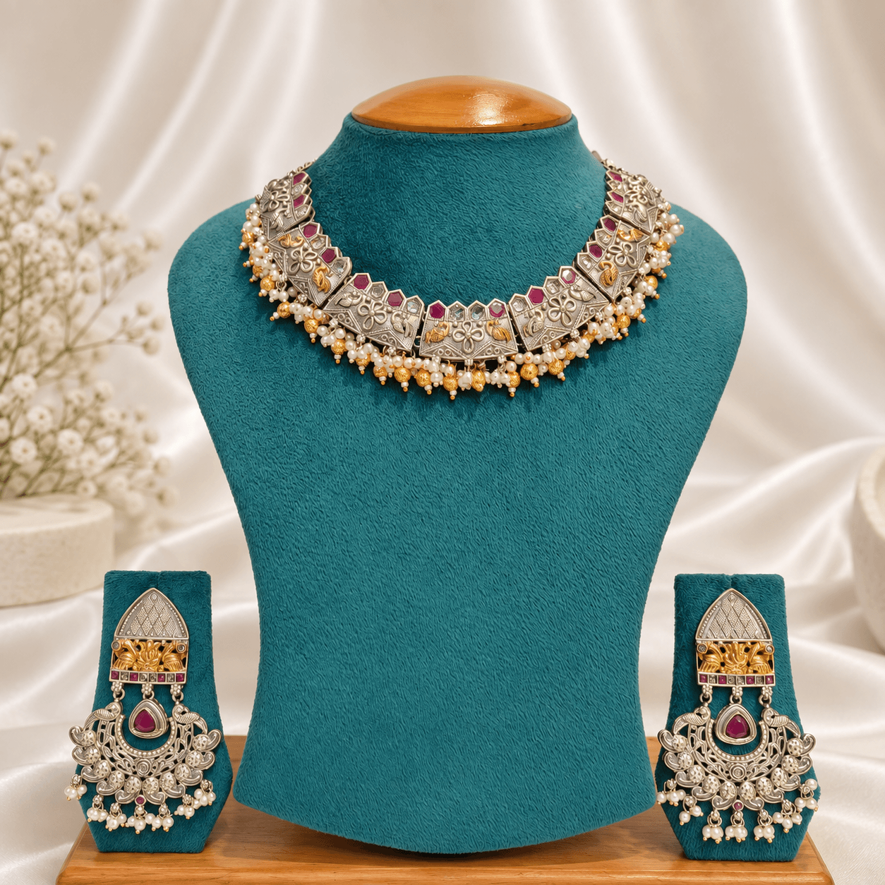Original Jaipuri 2-Tone Oxidised Necklace Set – Ruby & Clear White — alternate angle