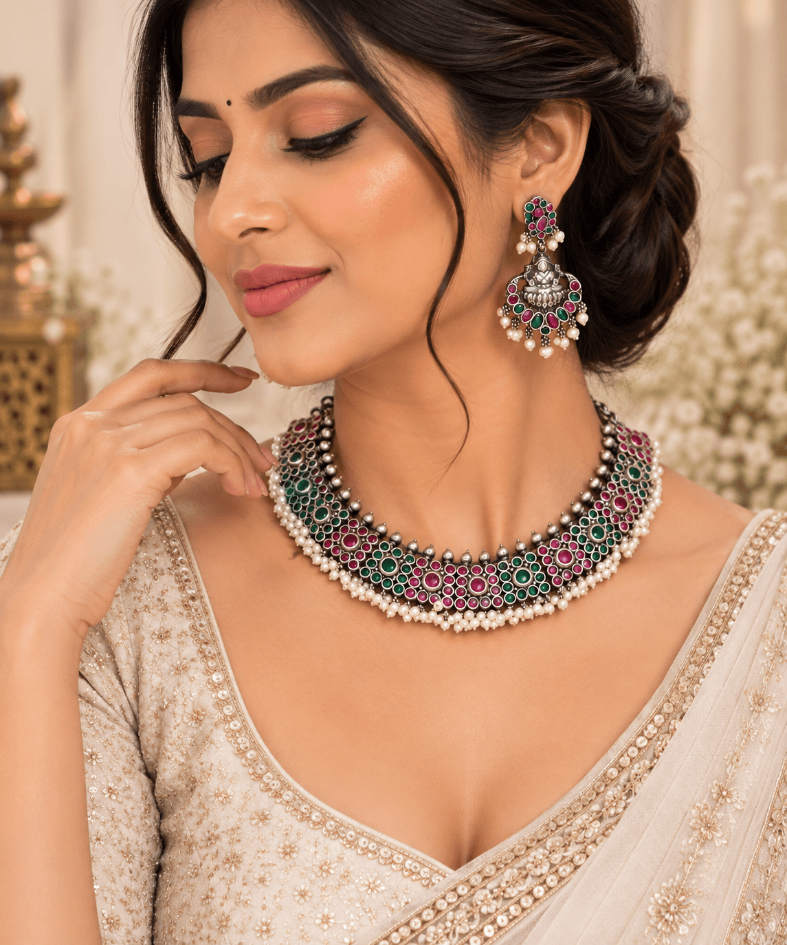 Original Jaipuri Oxidised Necklace Set – Ruby, Green & Moti