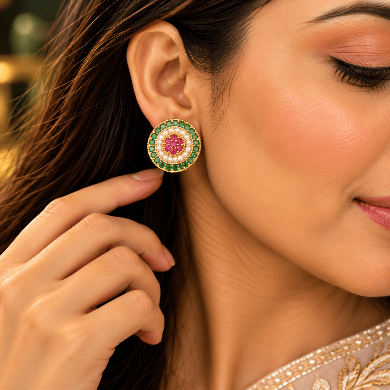 Green Pink Multicolor AD Pendant & Butti Set — view 2