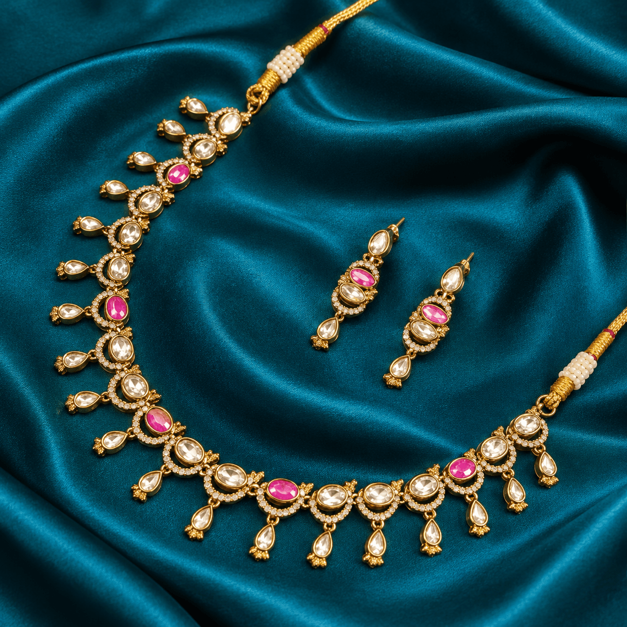 Mehendi Polish Pink Kundan & AD Necklace Set