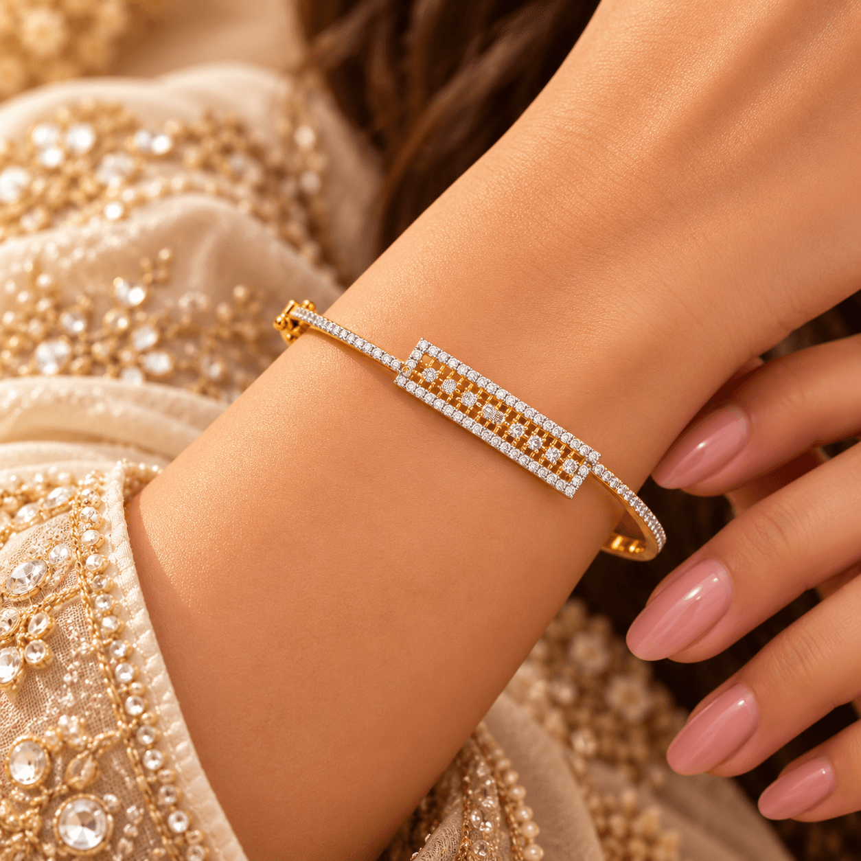 Dual-Tone Geometric AD Stone Bangle Bracelet — view 2
