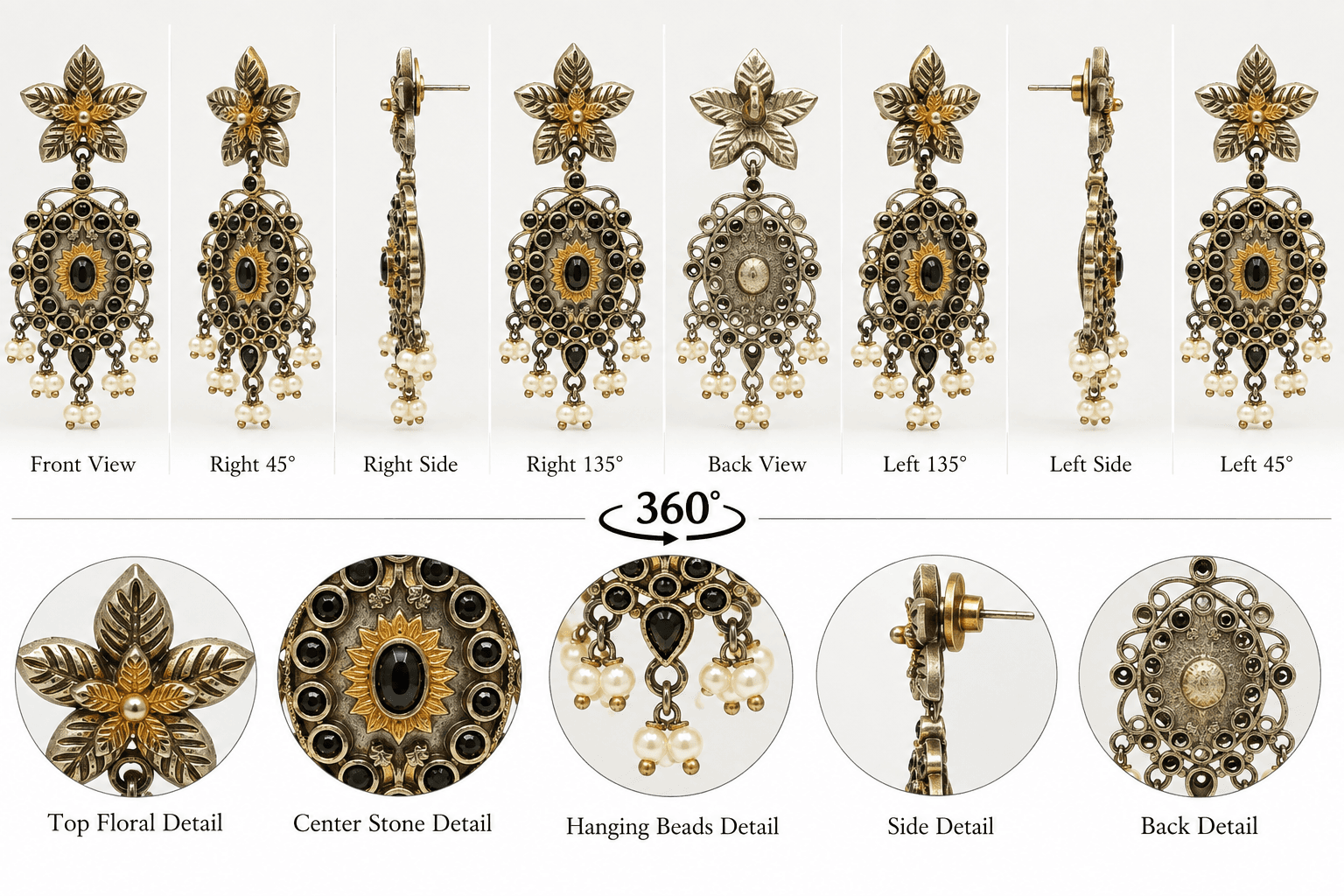 Original Jaipuri 2-Tone Oxidised Earrings – Black Stone