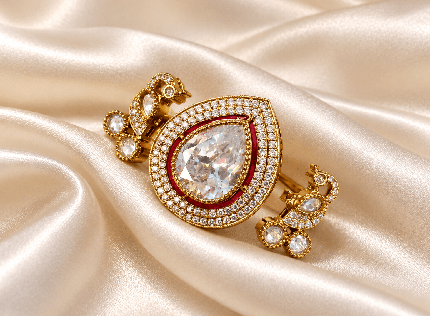 Antique Mehendi Polish Pear-Shaped Kundan Ring