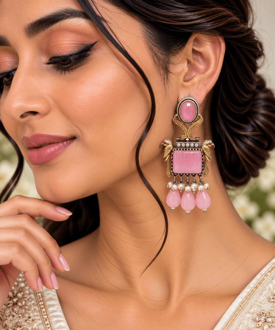 Original Jaipuri 2-Tone Oxidised Earrings – Baby Pink