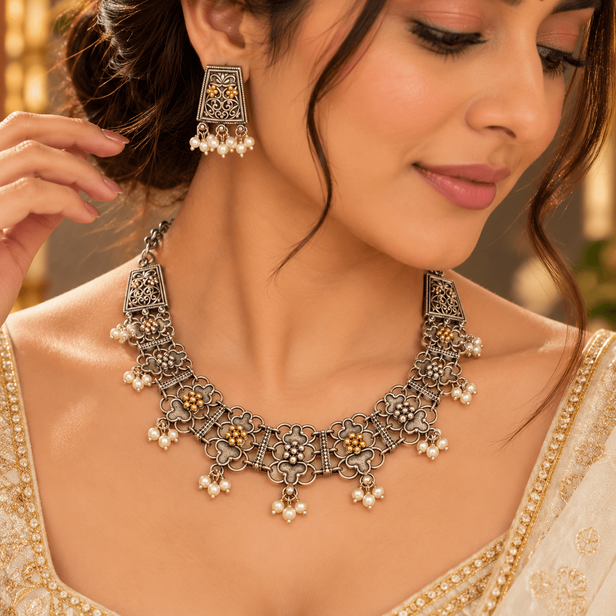 Jaipuri Dual-Tone Floral Filigree German Silver Necklace Set — view 2