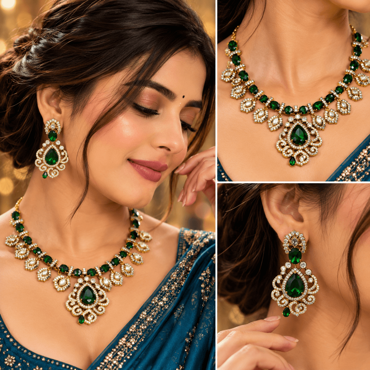Mehendi Polish Green American Diamond Necklace Set — view 2