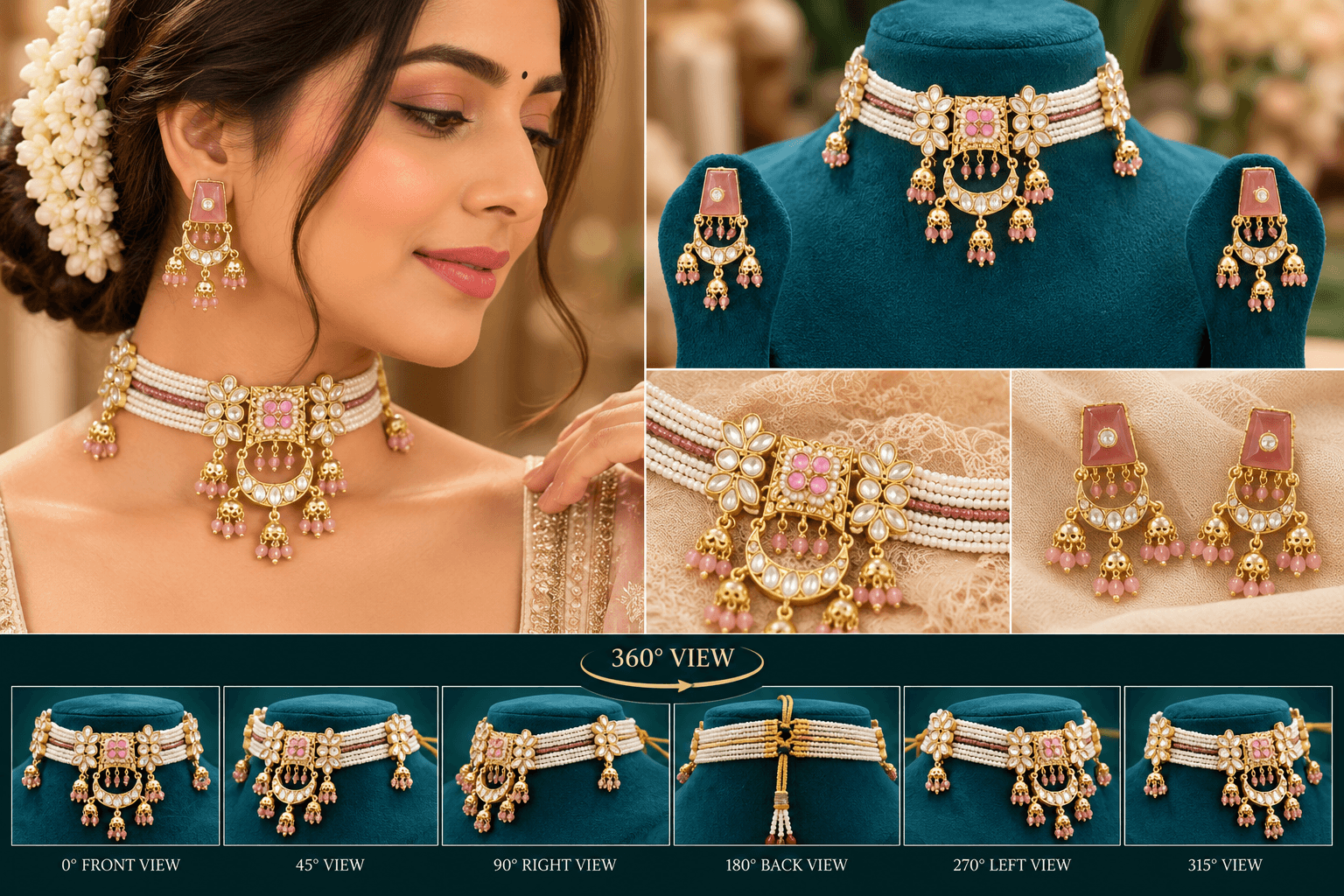 Moti Kundan Antique Choker Necklace Set — view 2