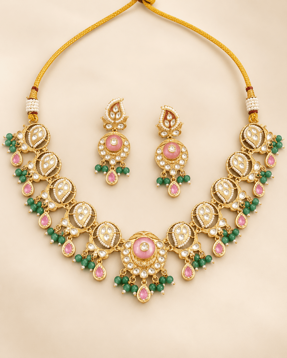 Antique Kundan Baby Pink & Mint Green Necklace Set — view 1