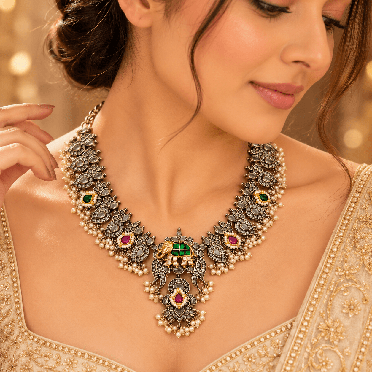 Jaipuri Oxidised German Silver Elephant Kundan Necklace Set — view 2