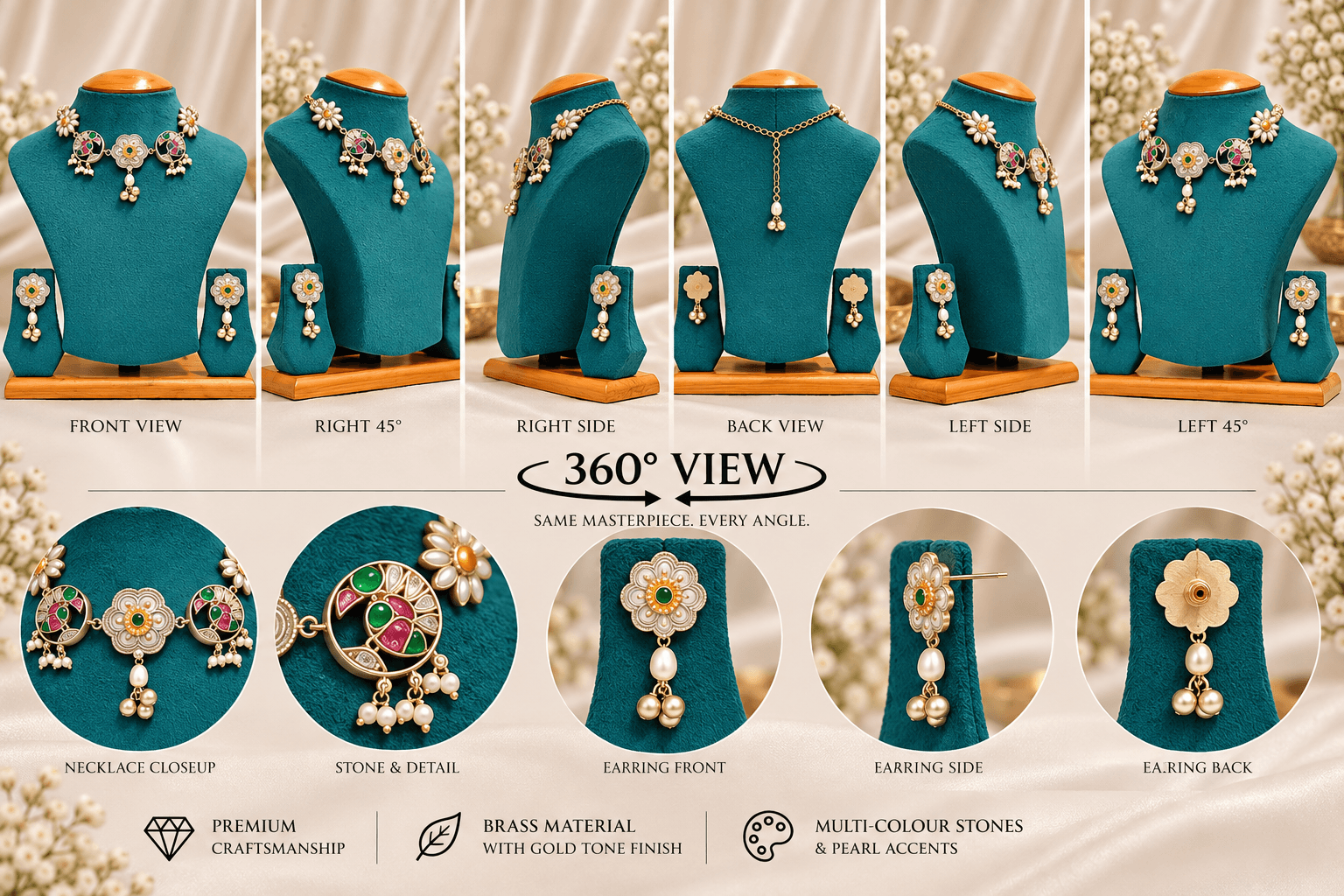 Original Jaipuri 2-Tone Oxidised Necklace Set – Ruby, Green & Moti — view 3
