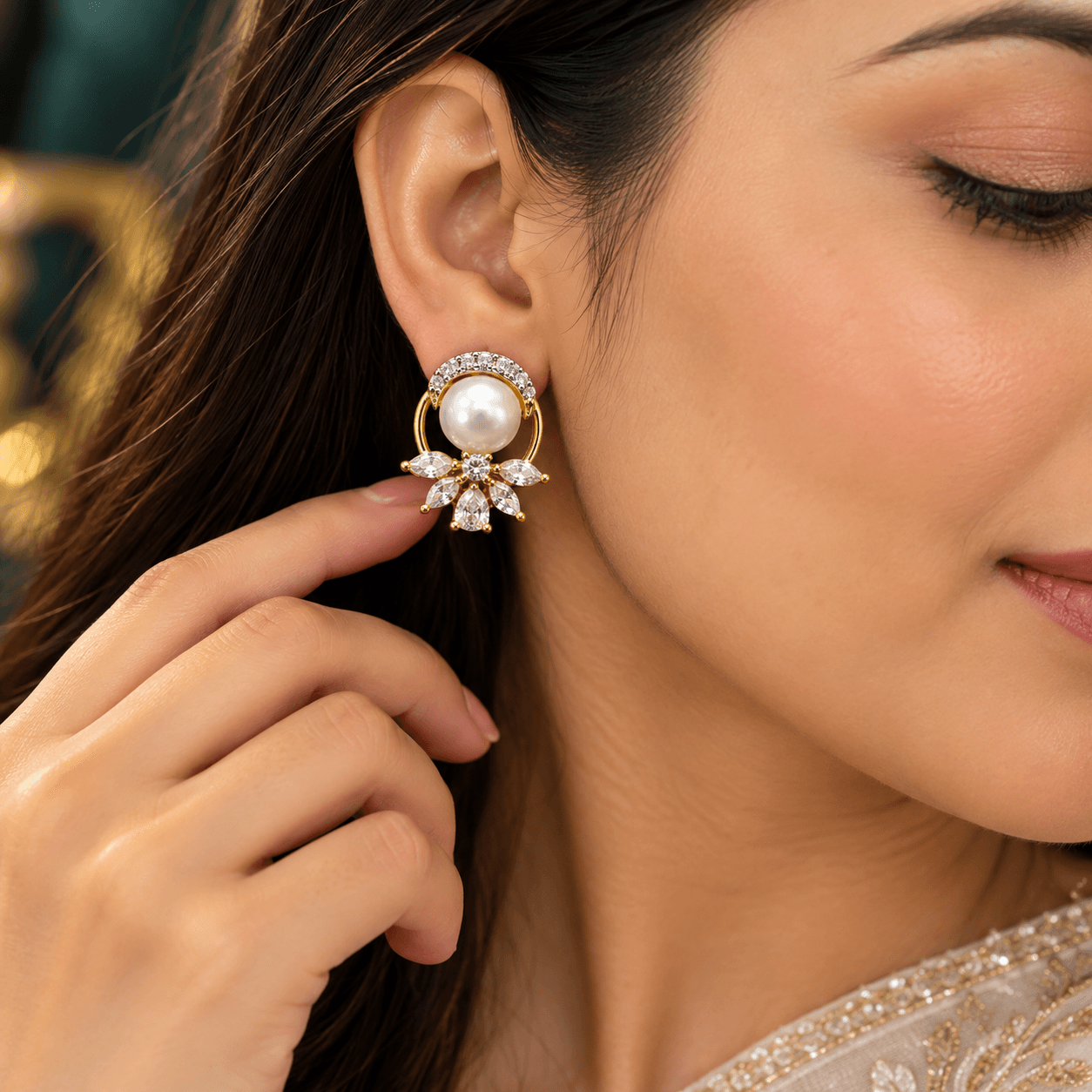 Pearl Oval Floral AD Pendant & Butti Set — view 2