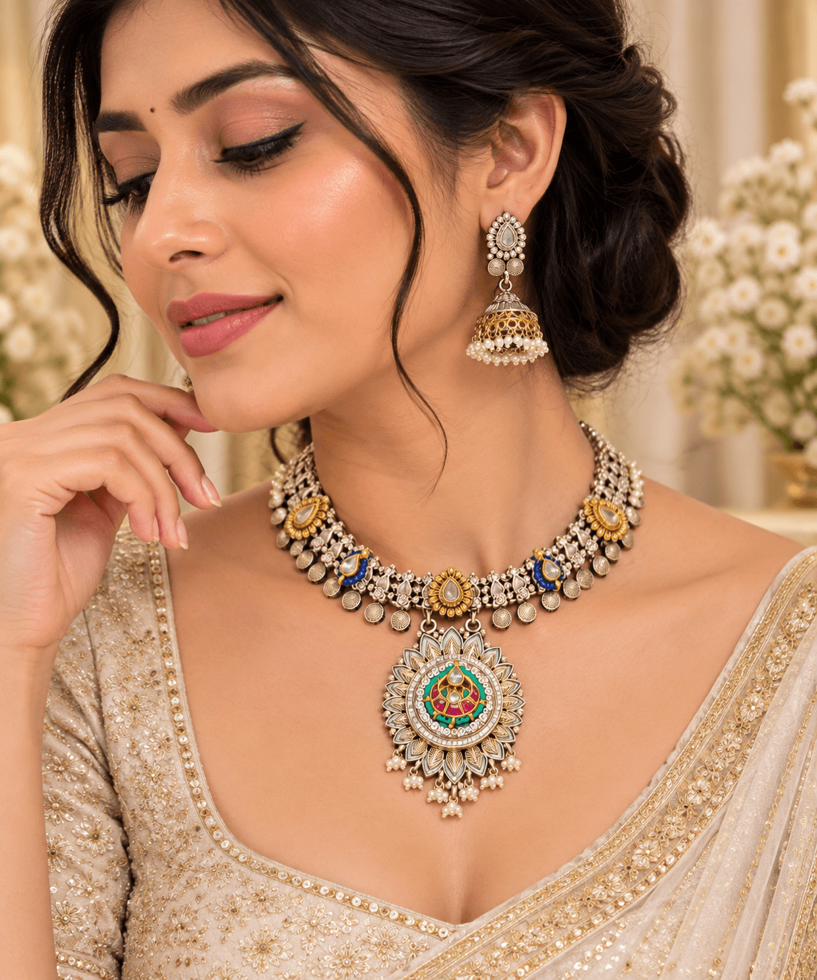 Original Jaipuri 2-Tone Fusion Oxidised Necklace Set – Jadau Kundan Multicolor