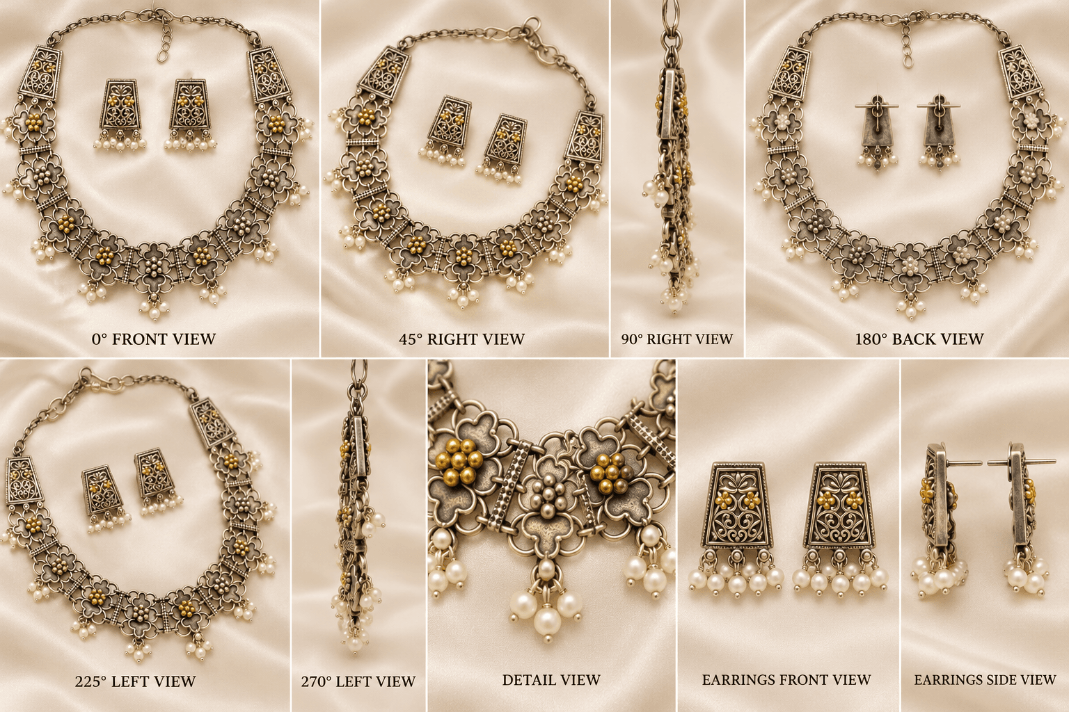 Jaipuri Dual-Tone Floral Filigree German Silver Necklace Set — view 3