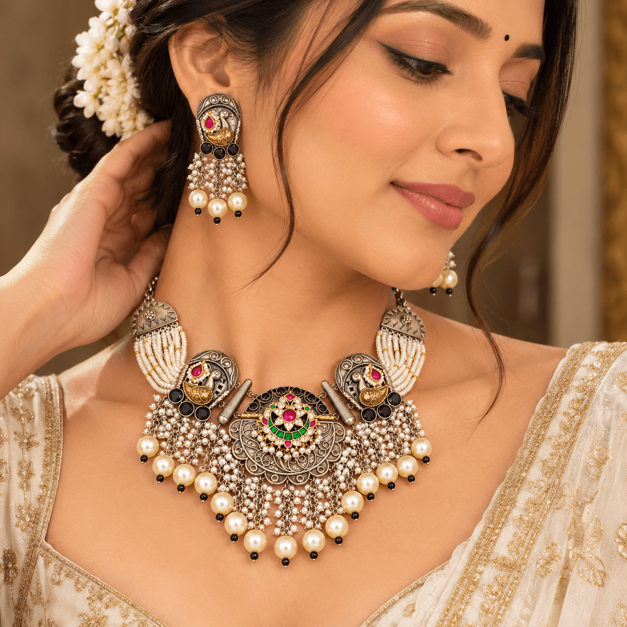 Royal Dual-Tone Peacock Kundan German Silver Necklace Set — view 2