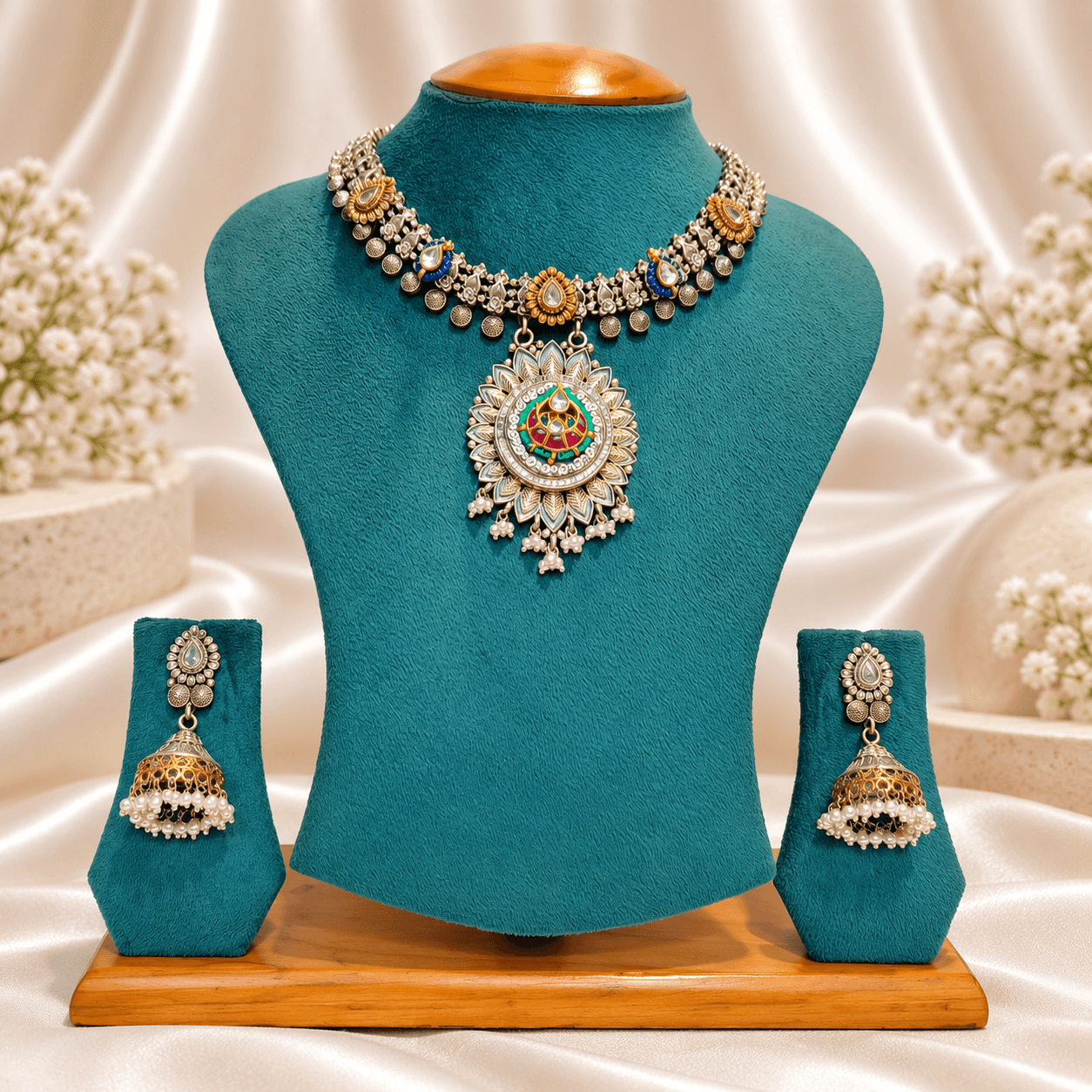 Original Jaipuri 2-Tone Fusion Oxidised Necklace Set – Jadau Kundan Multicolor — alternate angle