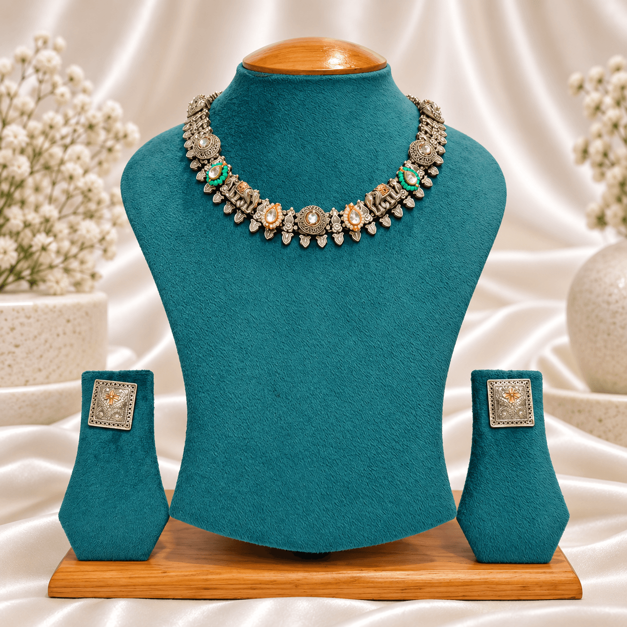 Original Jaipuri 2-Tone Fusion Oxidised Necklace Set – Kundan Multicolor — alternate angle