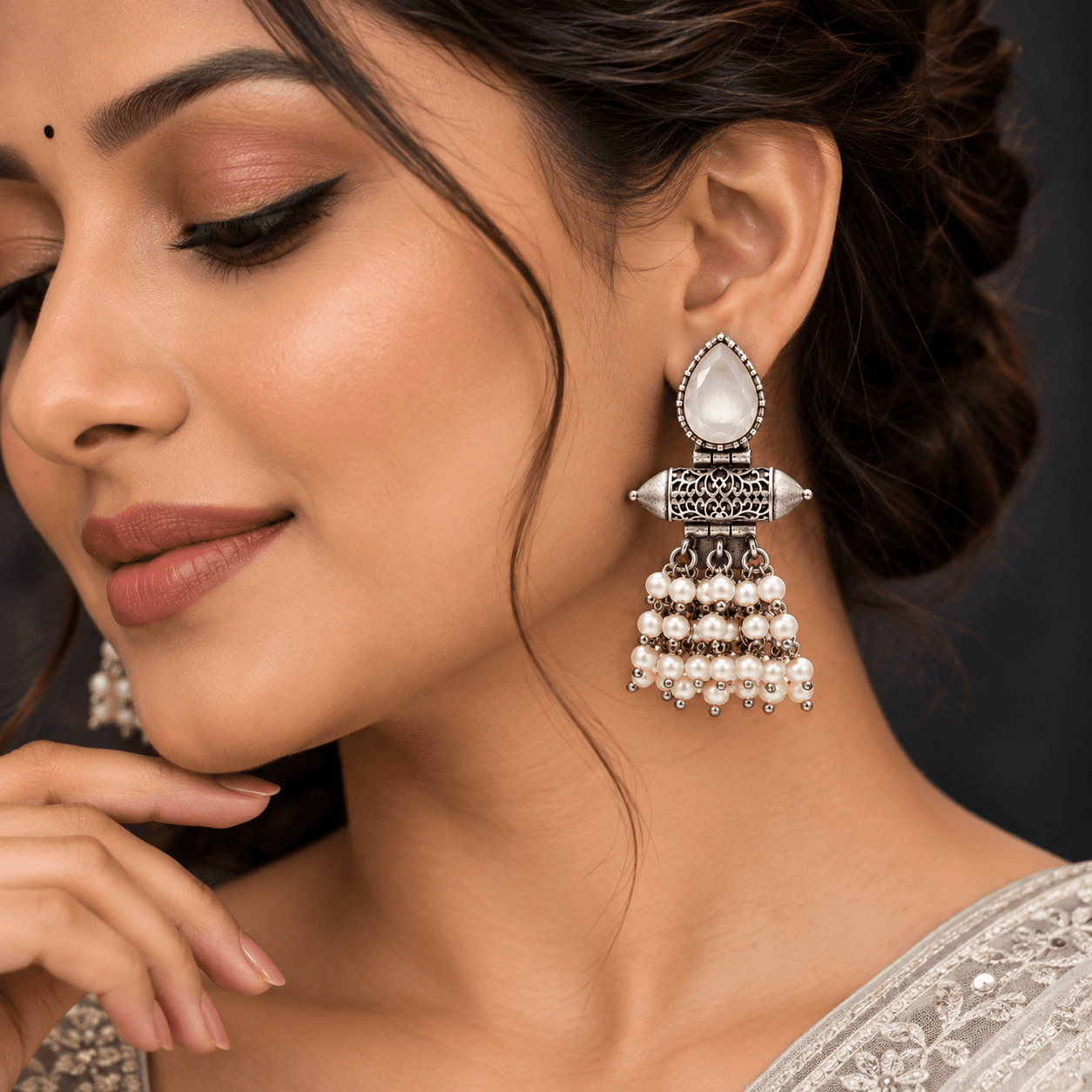 Original Jaipuri Oxidised Earrings – Light Grey Stone — alternate angle