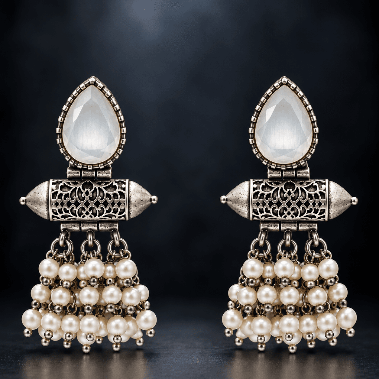 Original Jaipuri Oxidised Earrings – Light Grey Stone