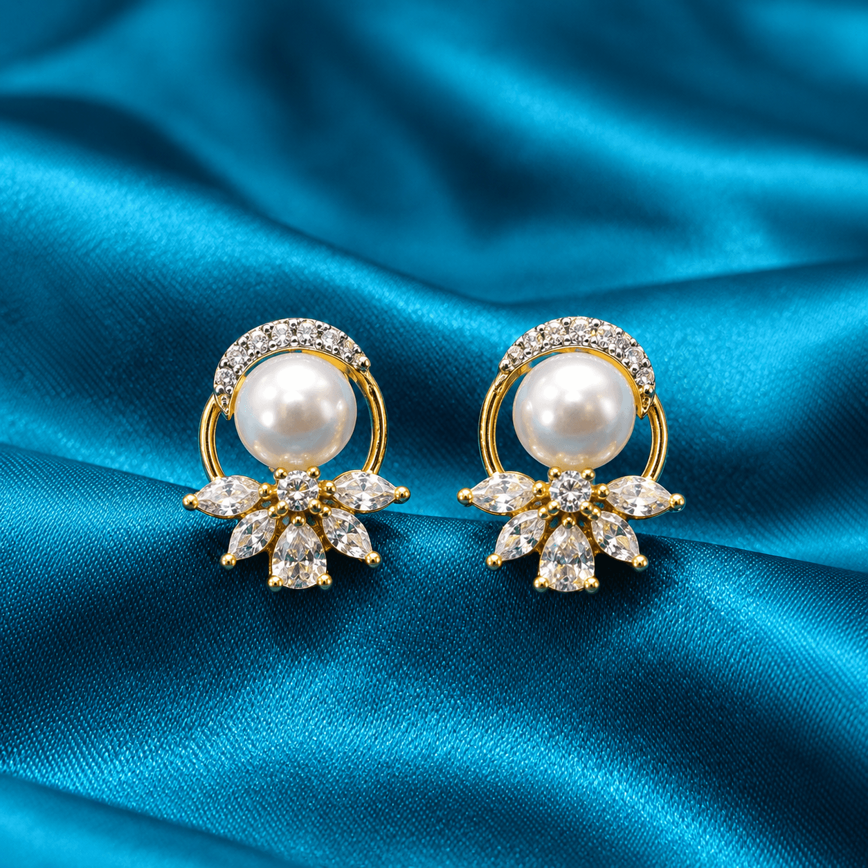 Pearl Oval Floral AD Pendant & Butti Set — view 1