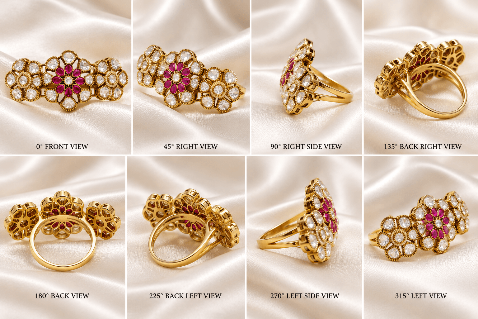 Antique Mehendi Polish Triple Flower Kundan Ring — view 3