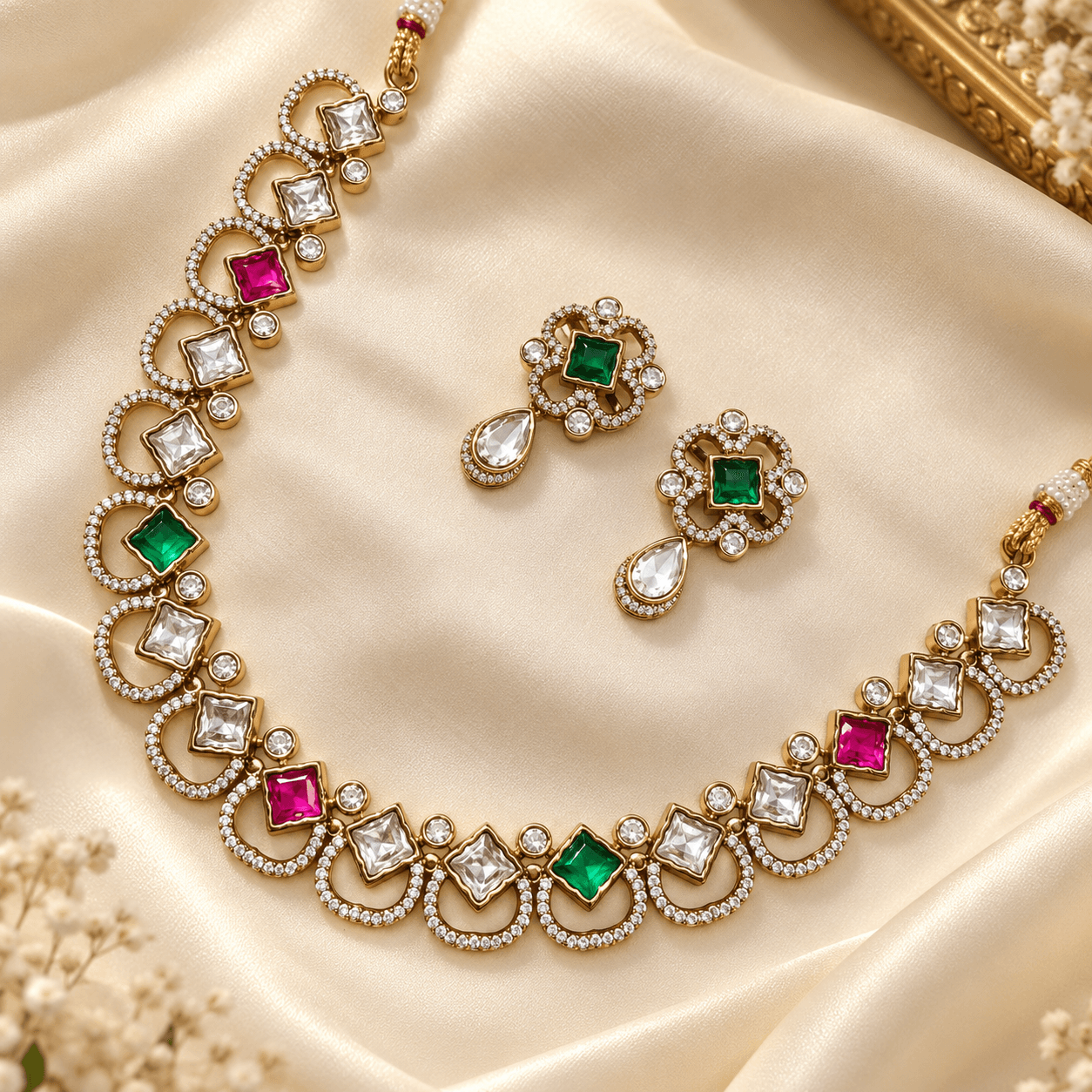 Mehendi Polish Multicolor Kundan AD Necklace Set — view 1