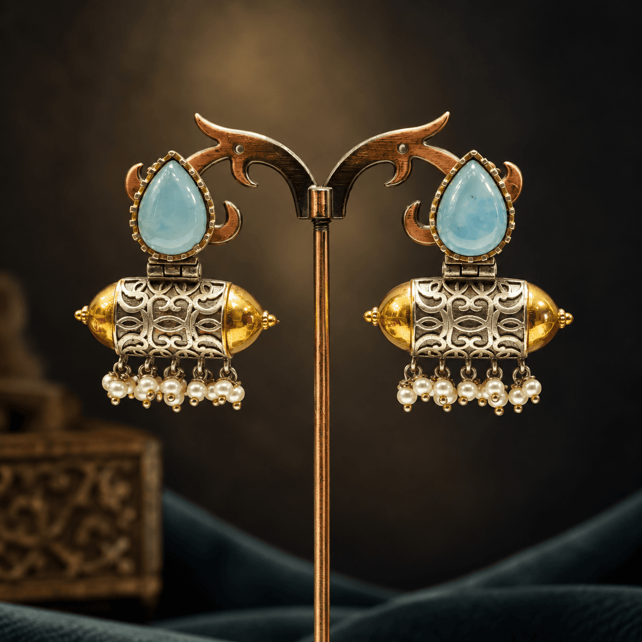 Original Jaipuri 2-Tone Oxidised Earrings – Blue Mint Colour