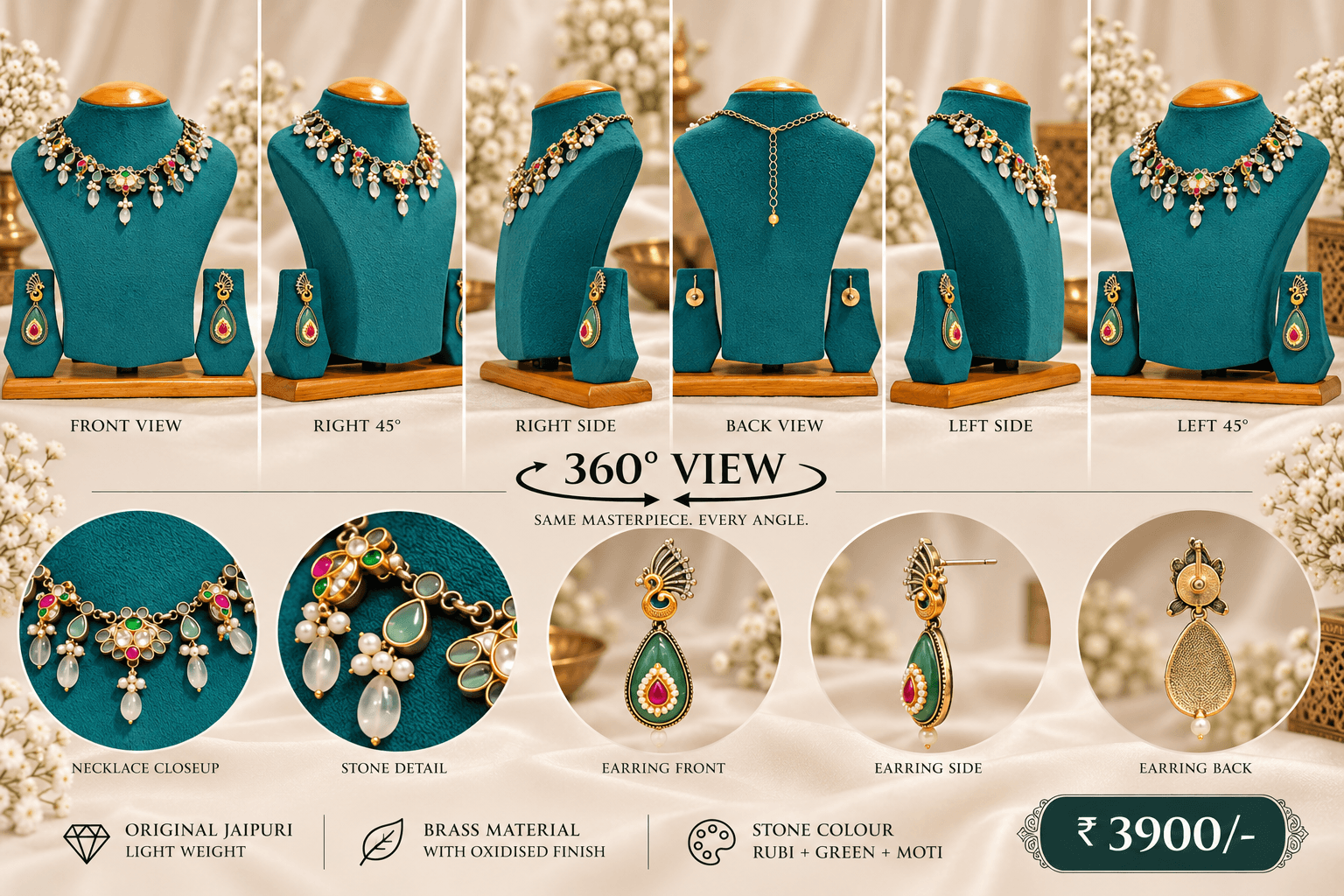 Original Jaipuri 2-Tone Fusion Pure Oxidised Necklace Set – Kundan Multicolor — view 3