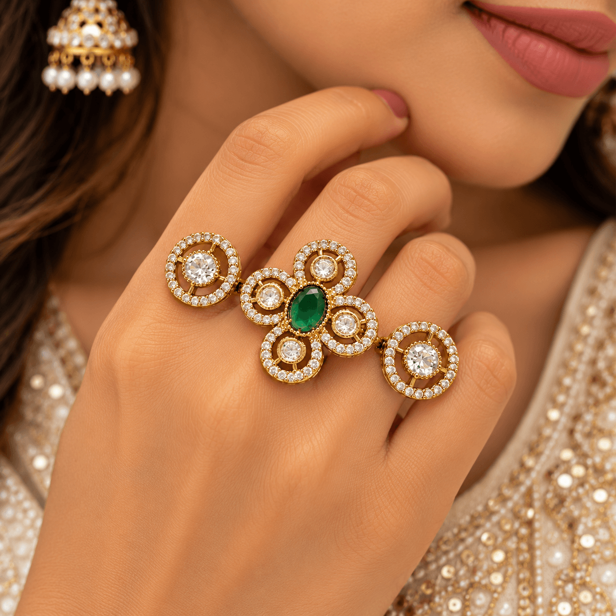 Antique Mehendi Polish Floral Kundan Ring — alternate angle