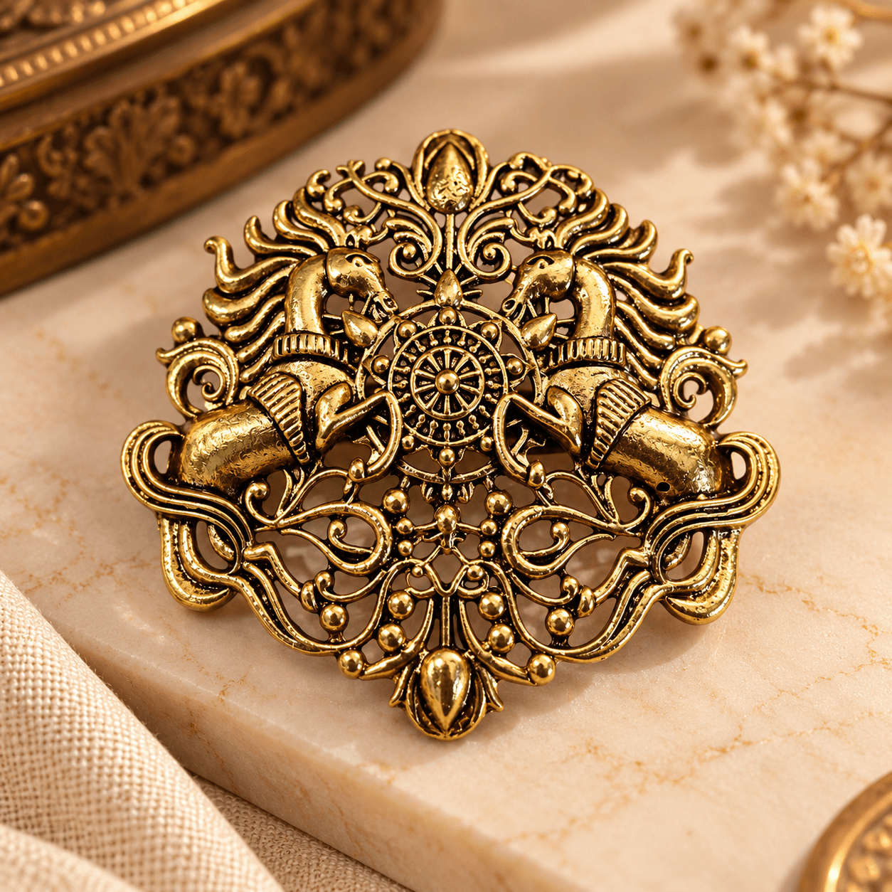 Royal Antique Gold Twin Horse Brooch — alternate angle