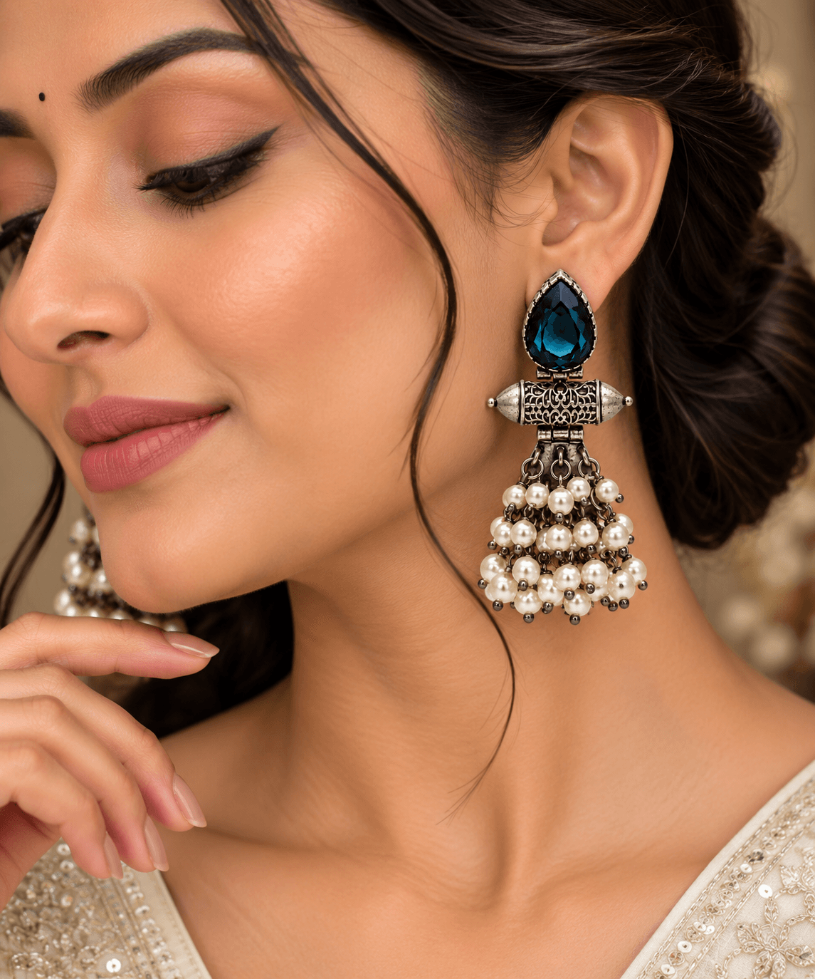 Original Jaipuri Oxidised Earrings – Transparent Navy Blue