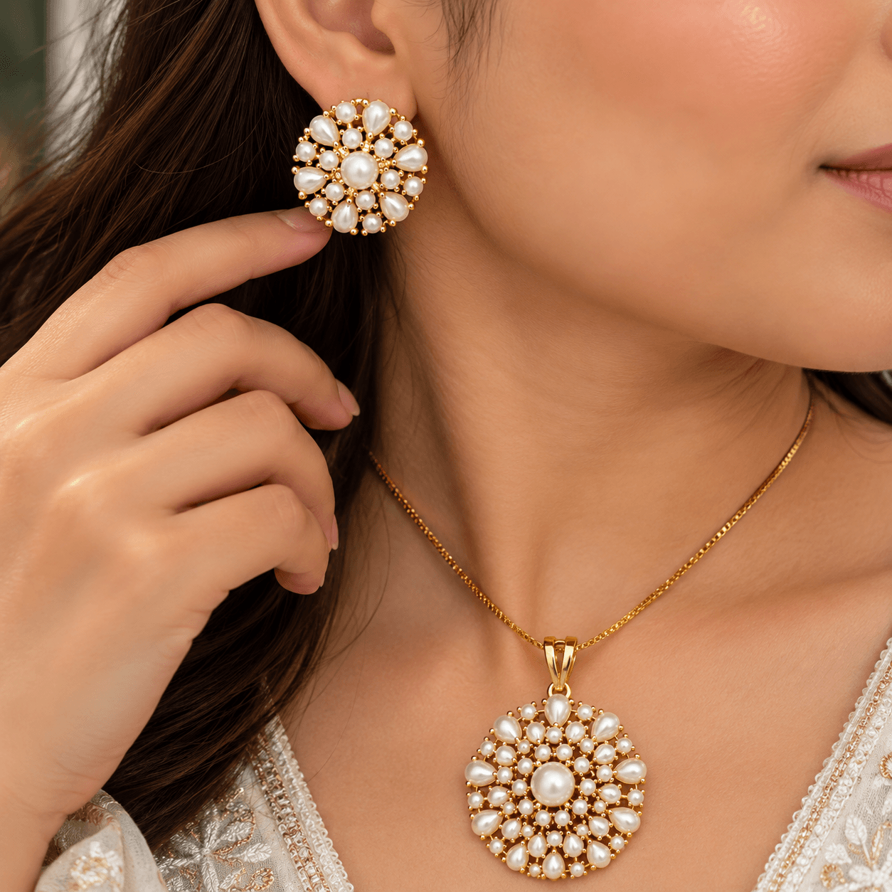 Gold Pearl Floral Pendant & Stud Earrings Set — alternate angle