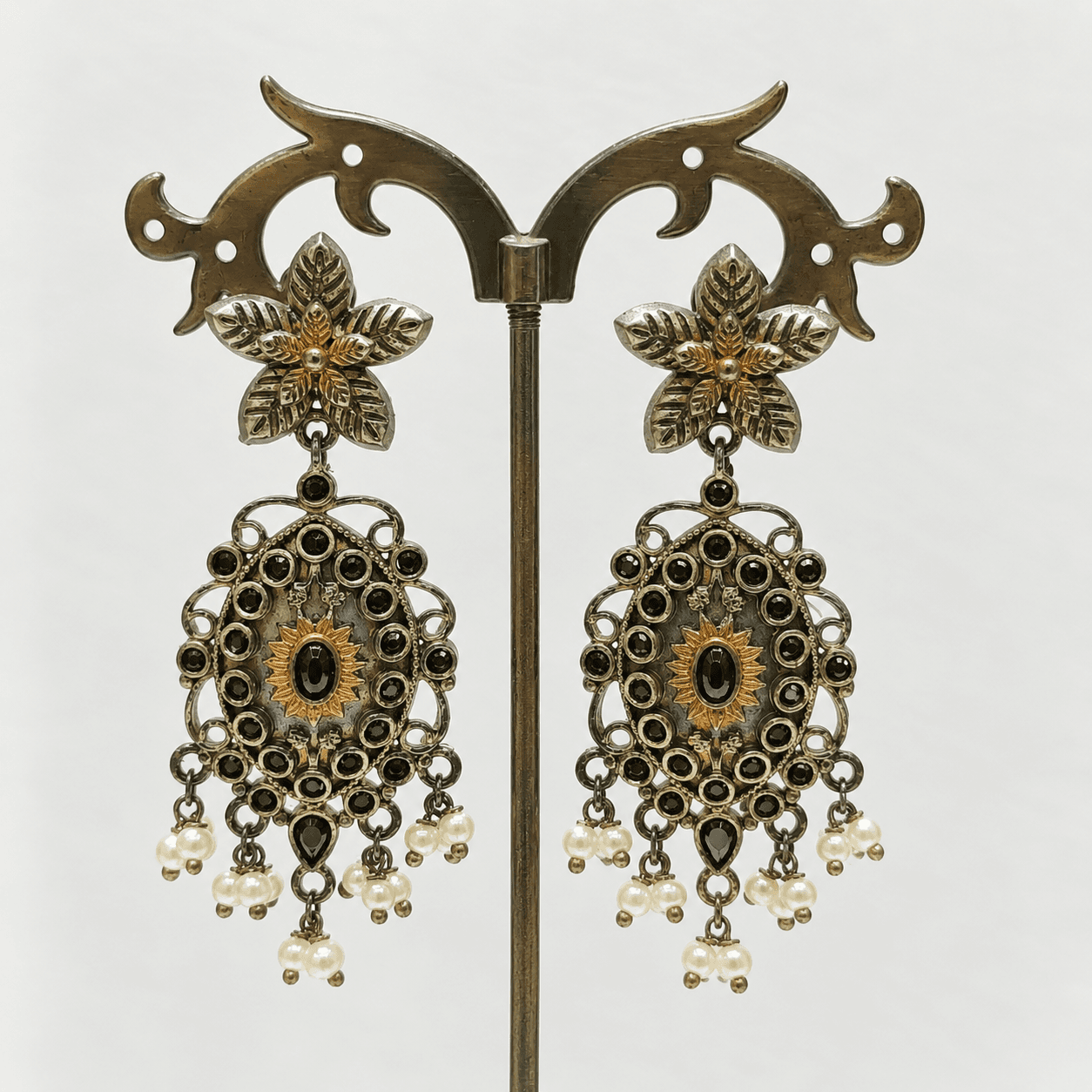 Original Jaipuri 2-Tone Oxidised Earrings – Black Stone — alternate angle