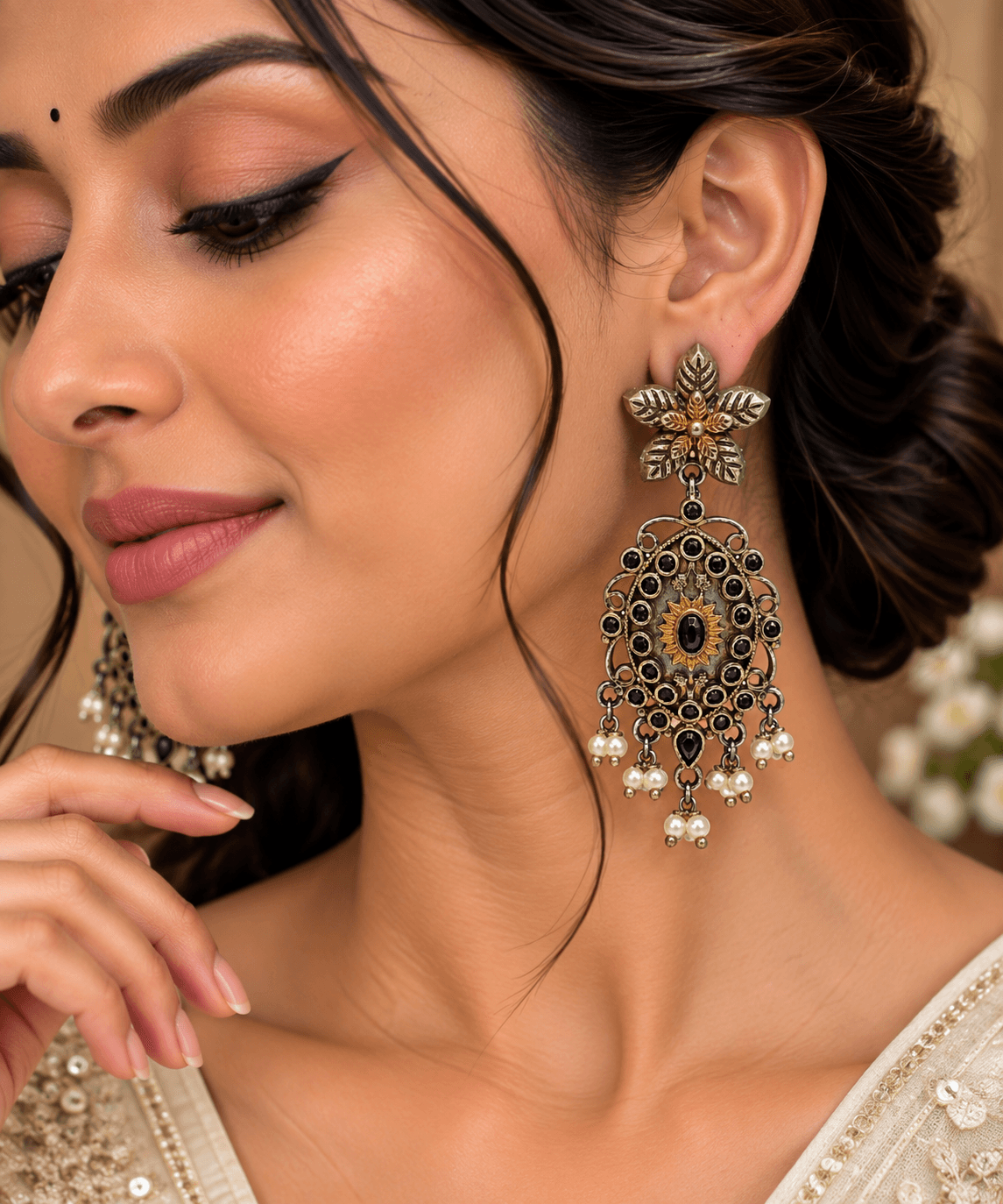 Original Jaipuri 2-Tone Oxidised Earrings – Black Stone — view 3