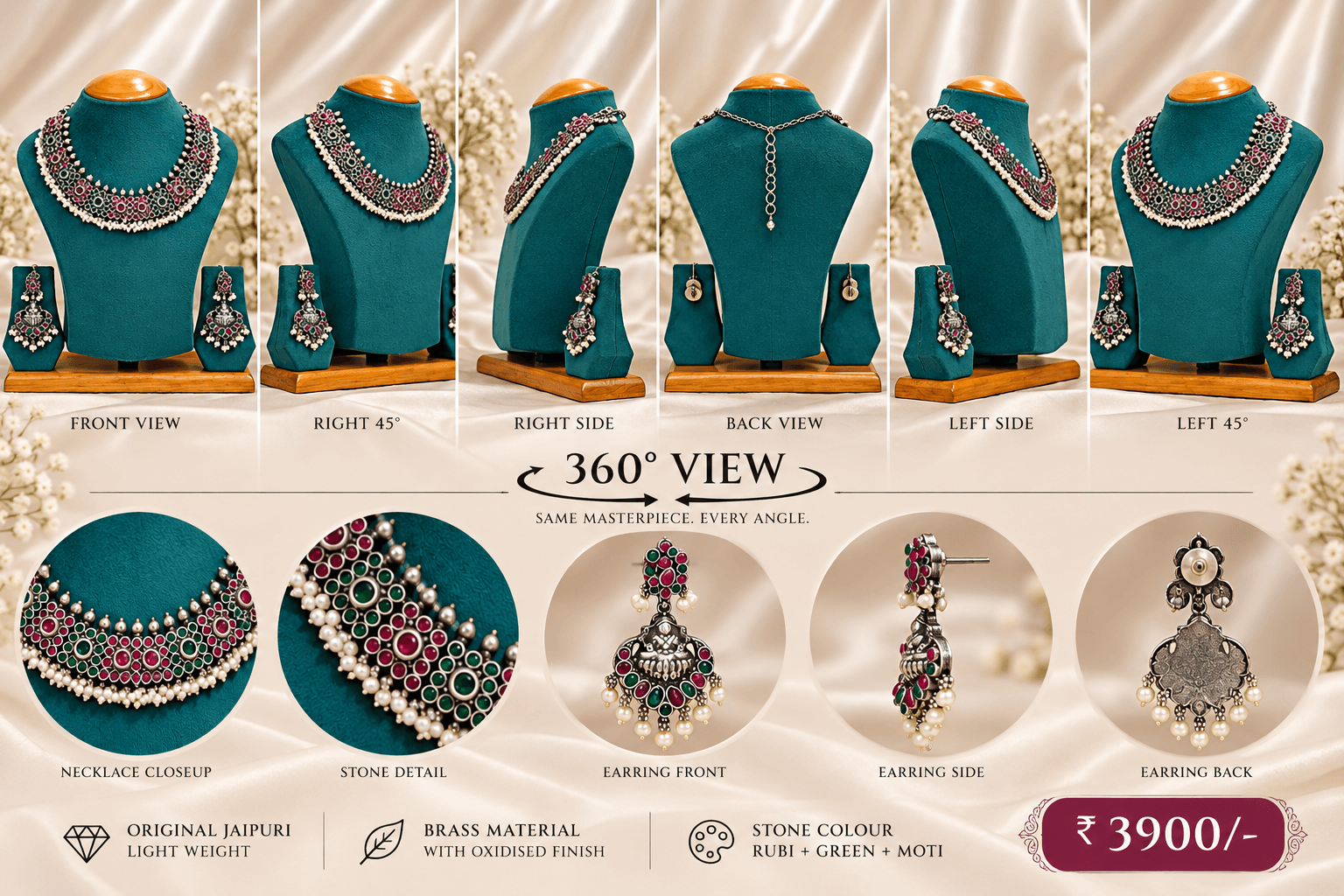 Original Jaipuri Oxidised Necklace Set – Ruby, Green & Moti — view 3